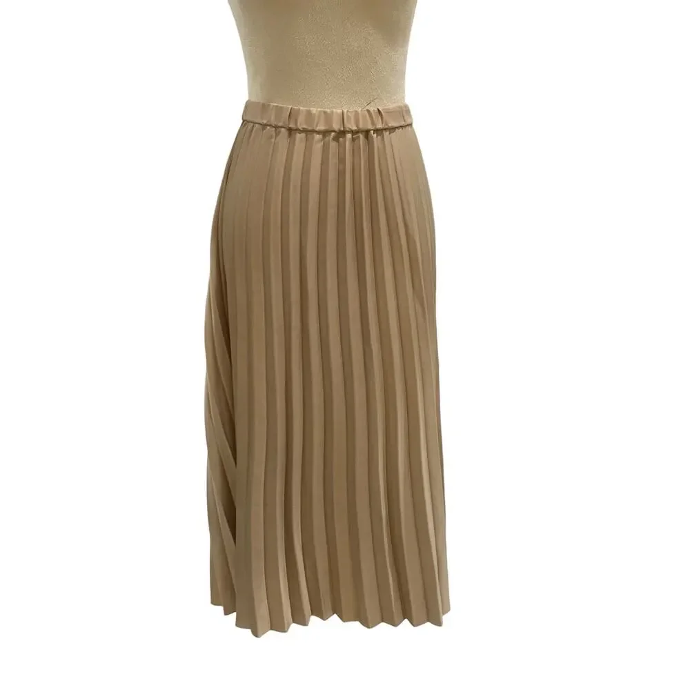 Anne Klein X-Large Beige / Tan Elastic Waistband Beige Pleated Flowy Midi Skirt